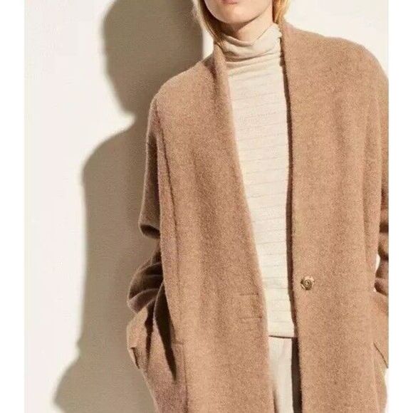 Vince Collarless Cardigan Coat Italian Wool Alpaca Bouclé Knit Camel XL NWT - Picture 4 of 11